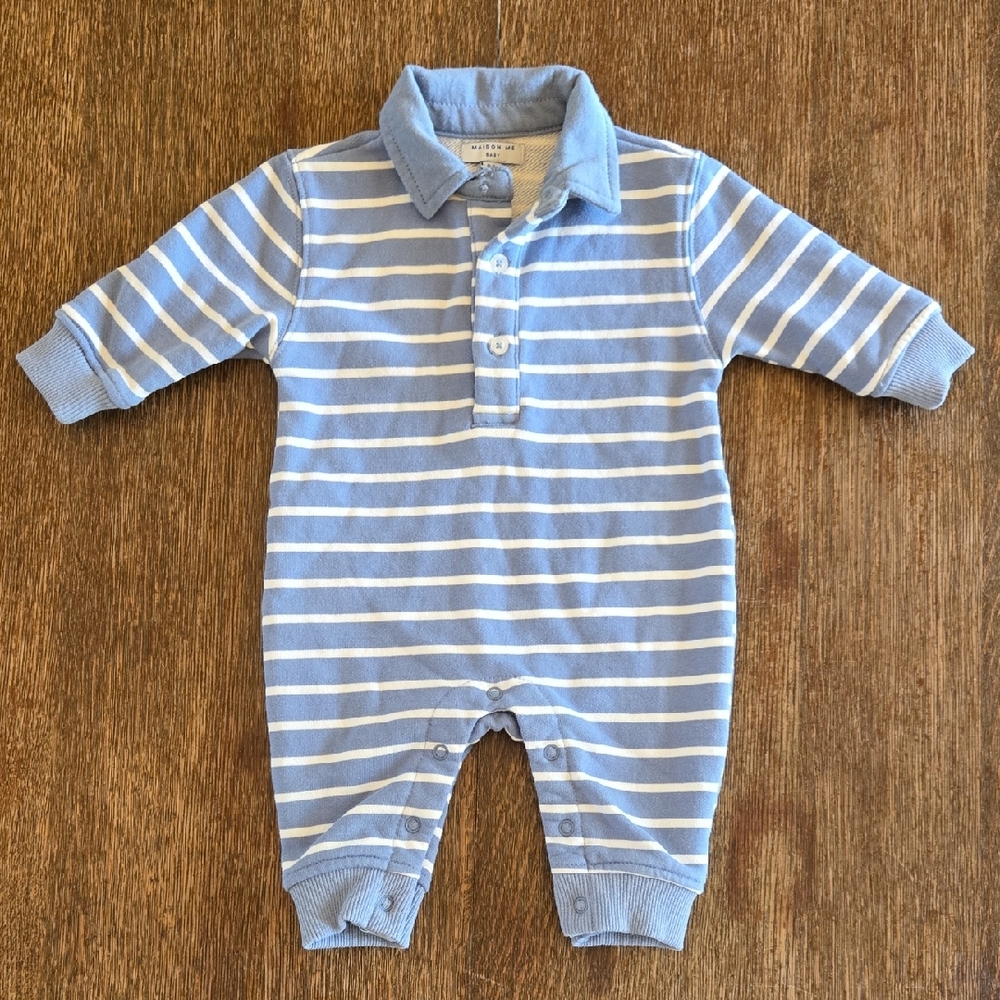 Maison Me Baby Thatcher Polo Coverall, Dusty Blue and Cream Stripe, Size 0-3m